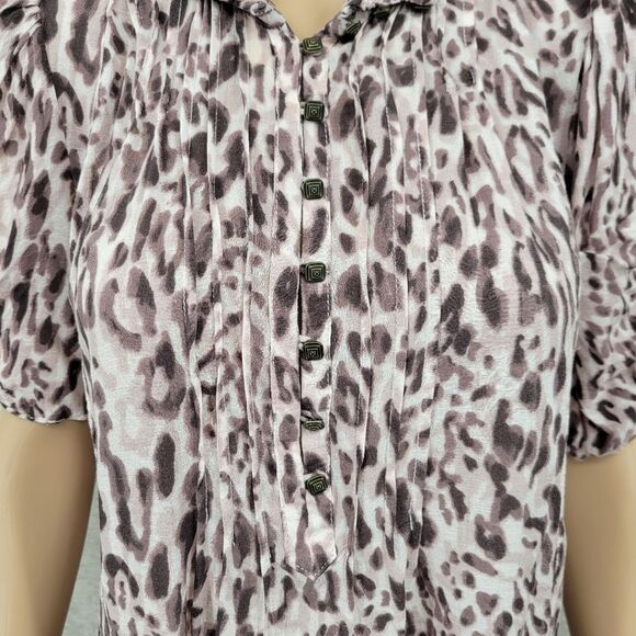 Maeve Anthropologie Pleated Animal Leopard Print Blouse Top Short Ruched Sleeves - Picture 4 of 13
